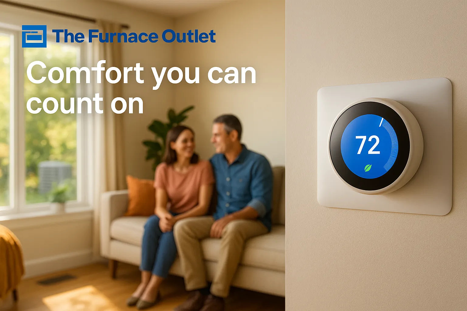 Family in a sunlit living room with a smart thermostat set to 72°F—The Furnace Outlet hero image highlighting energy-efficient, reliable comfort.