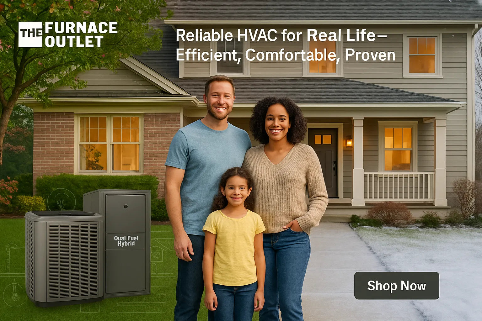 Family in front of a suburban home with seasonal HVAC comfort, showing energy-efficient heating and cooling solutions