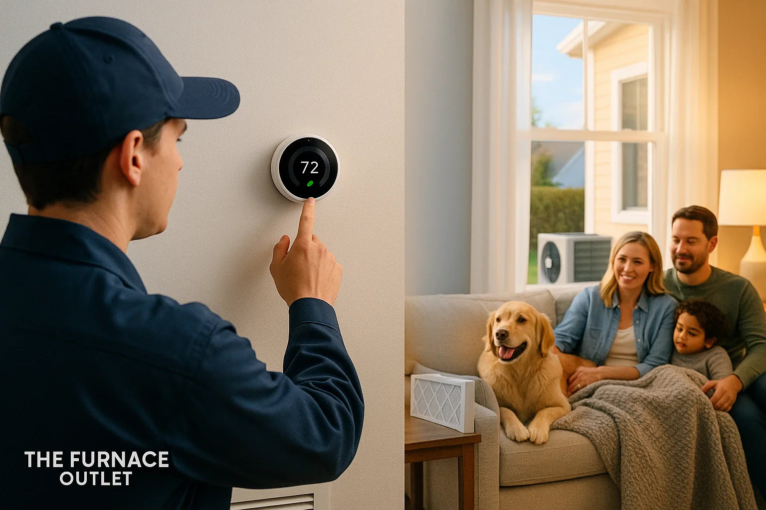 Family relaxes in a cozy living room while an HVAC technician adjusts a smart thermostat, signaling energy-efficient heating and cooling from The Furnace Outlet.