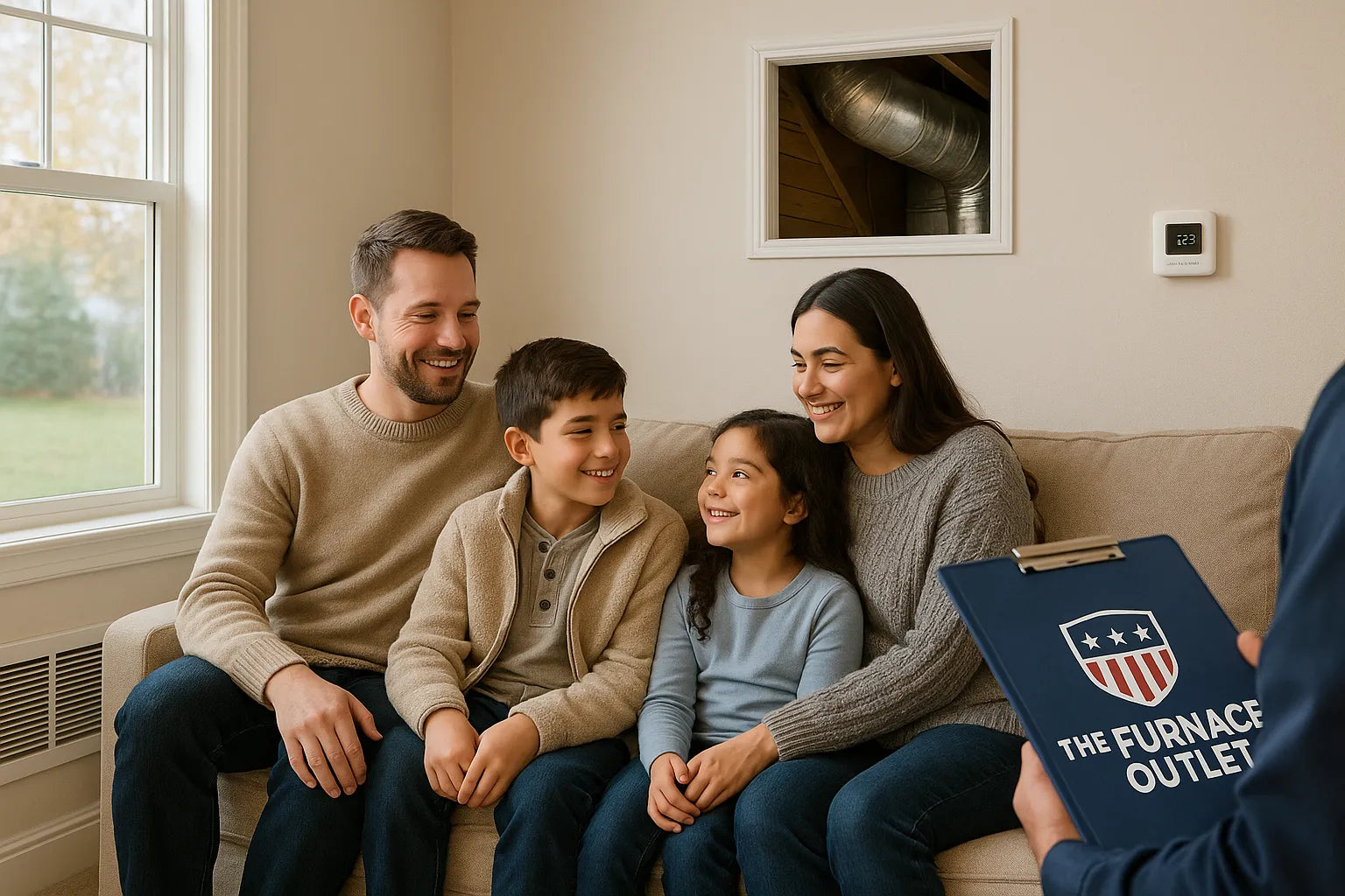 Family relaxing comfortably in a modern home with efficient heating and cooling from The Furnace Outlet.