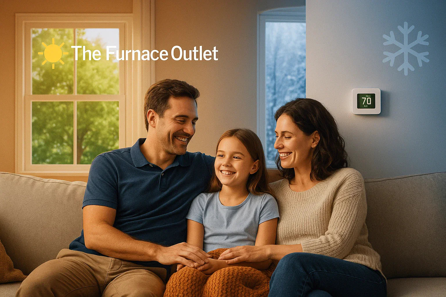 Family relaxing in a cozy U.S. living room with a subtle warm–cool split and smart thermostat, conveying energy-efficient heating and cooling by The Furnace Outlet.