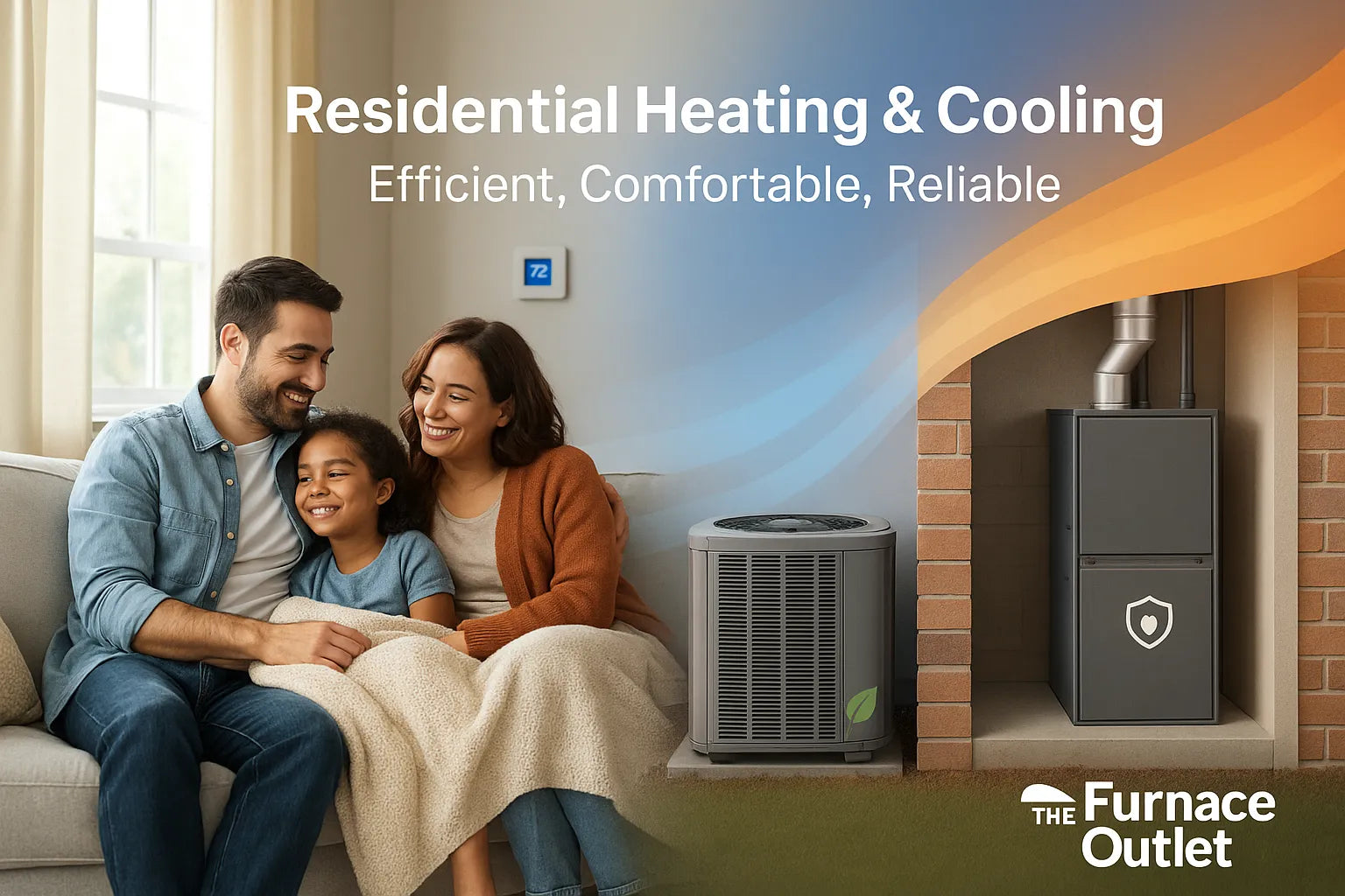 Family relaxing in a modern U.S. living room with subtle warm–cool airflow visuals and visible HVAC units, conveying energy-efficient comfort by The Furnace Outlet.