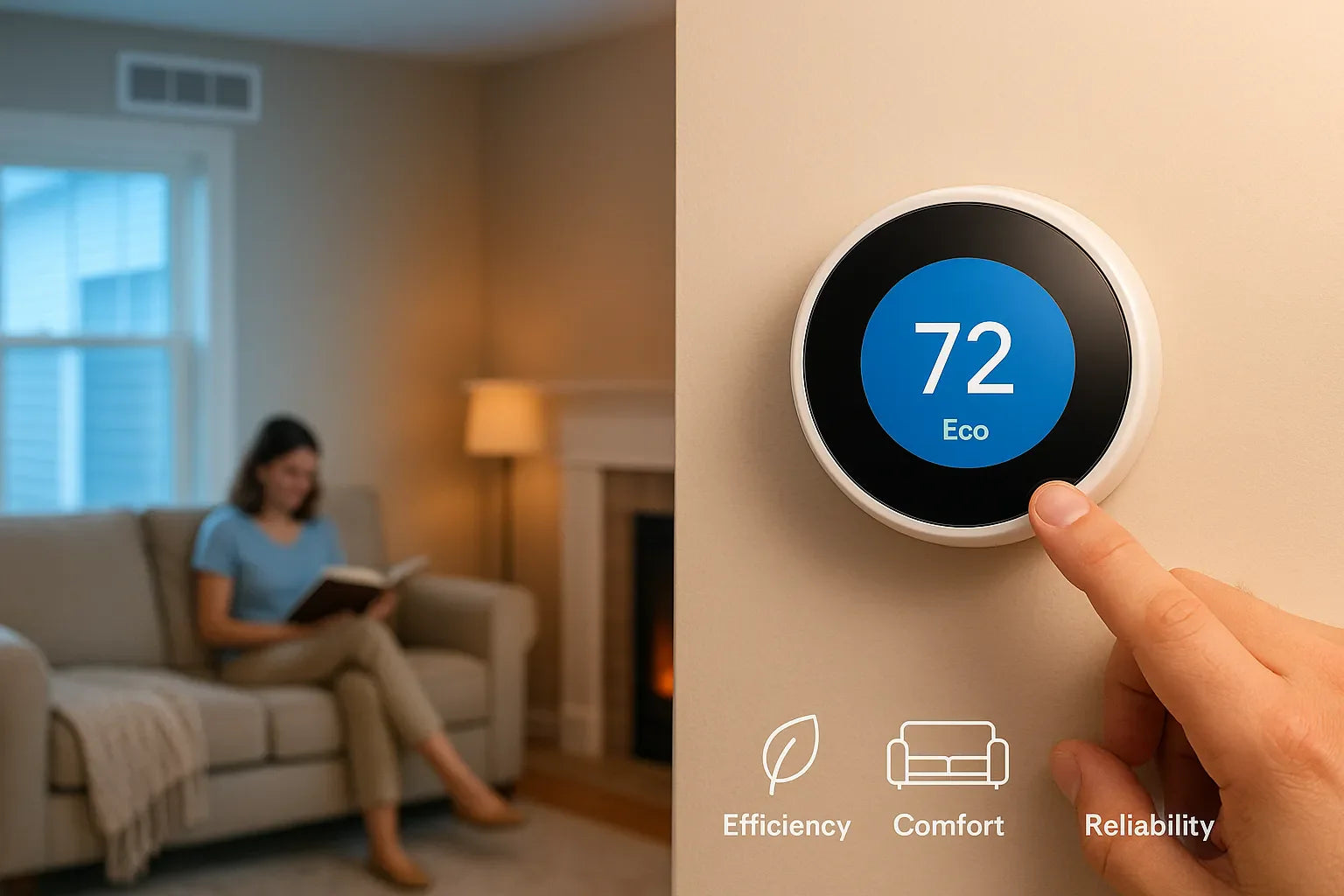 Family relaxing in a modern U.S. living room with subtle warm–cool airflow visuals and visible HVAC units, conveying energy-efficient comfort by The Furnace Outlet.