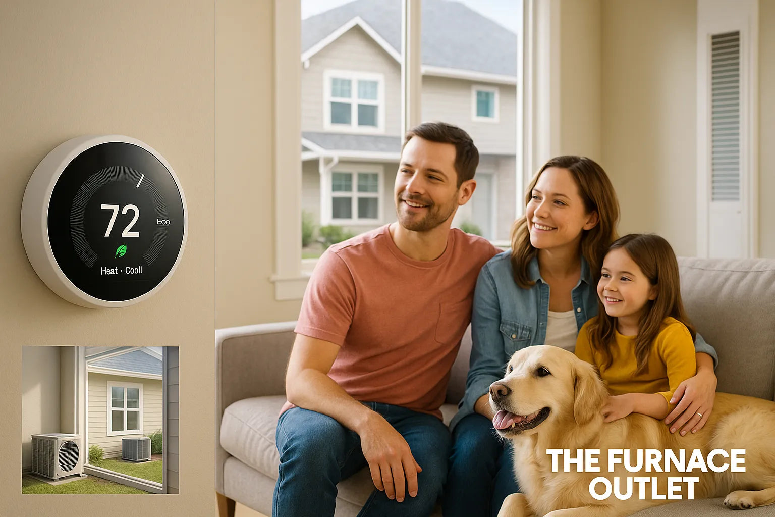 Family relaxing in a sunlit living room with a smart thermostat and outdoor AC unit visible, representing efficient, reliable home heating and cooling by The Furnace Outlet.