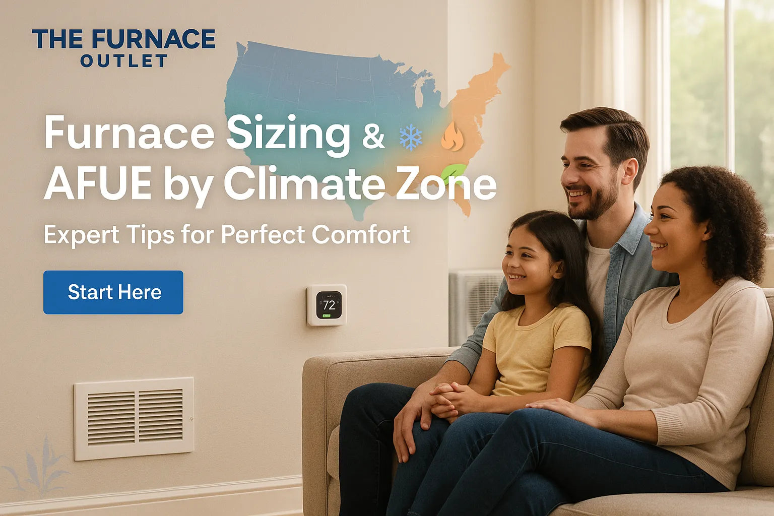 Family relaxing in a sunlit living room with thermostat and subtle U.S. climate map, conveying energy-efficient, reliable comfort from The Furnace Outlet.