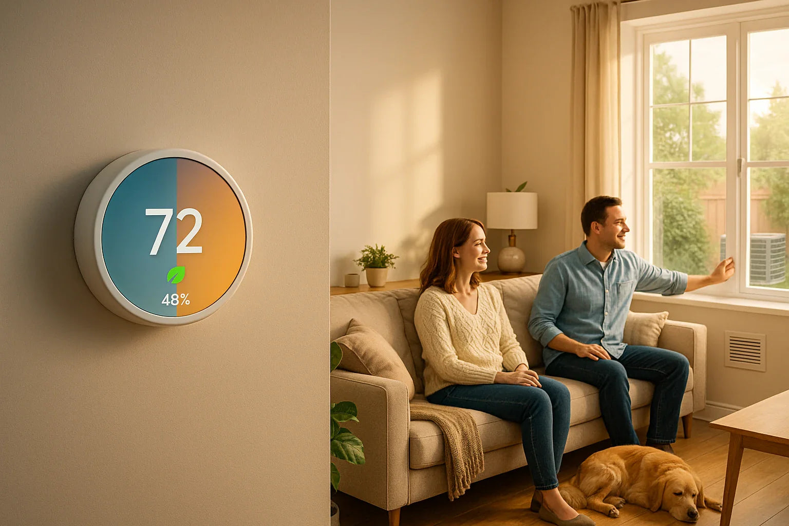 Family relaxing in an energy-efficient, climate-controlled living room with smart thermostat reading 72°F and 48% humidity.