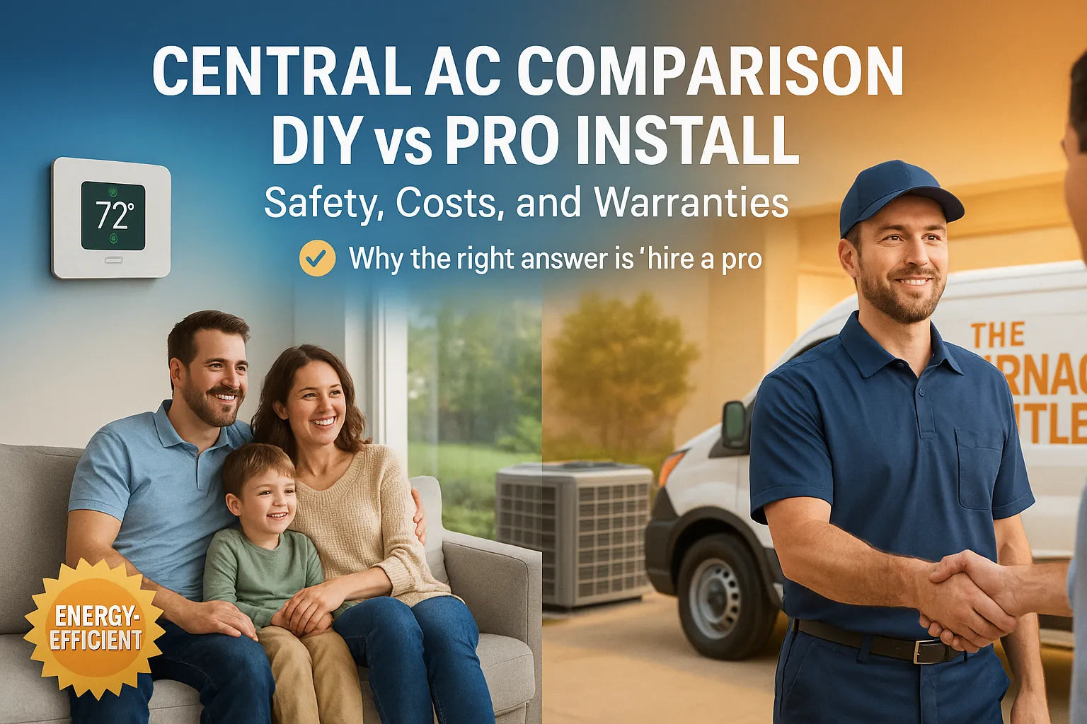 Family relaxing indoors while a friendly HVAC technician shakes hands outside near an energy-efficient central AC unit The Furnace Outlet.