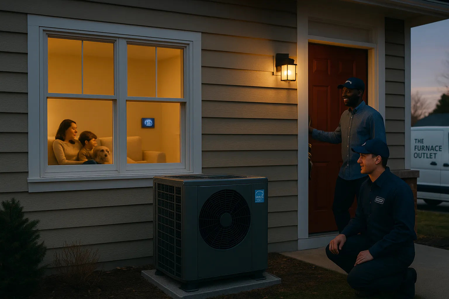Family relaxing inside while a friendly Furnace Outlet technician checks an energy-efficient heat pump outside a modern U.S. home.