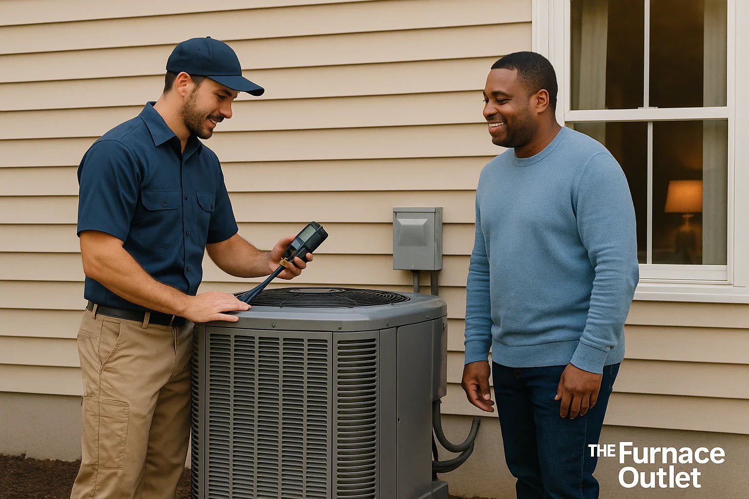 Friendly HVAC technician checking an outdoor heat pump AC unit with a homeowner, conveying comfort energy efficiency and reliability.