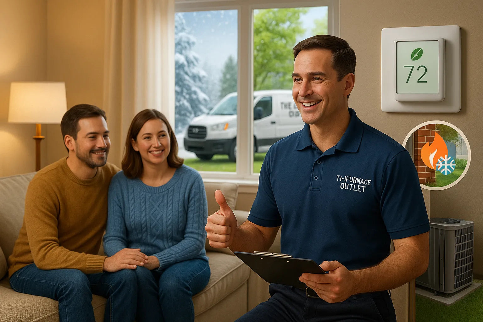 Friendly HVAC technician from The Furnace Outlet discussing efficient heating and cooling options with homeowners in a cozy living room, conveying comfort, reliability, and energy savings.
