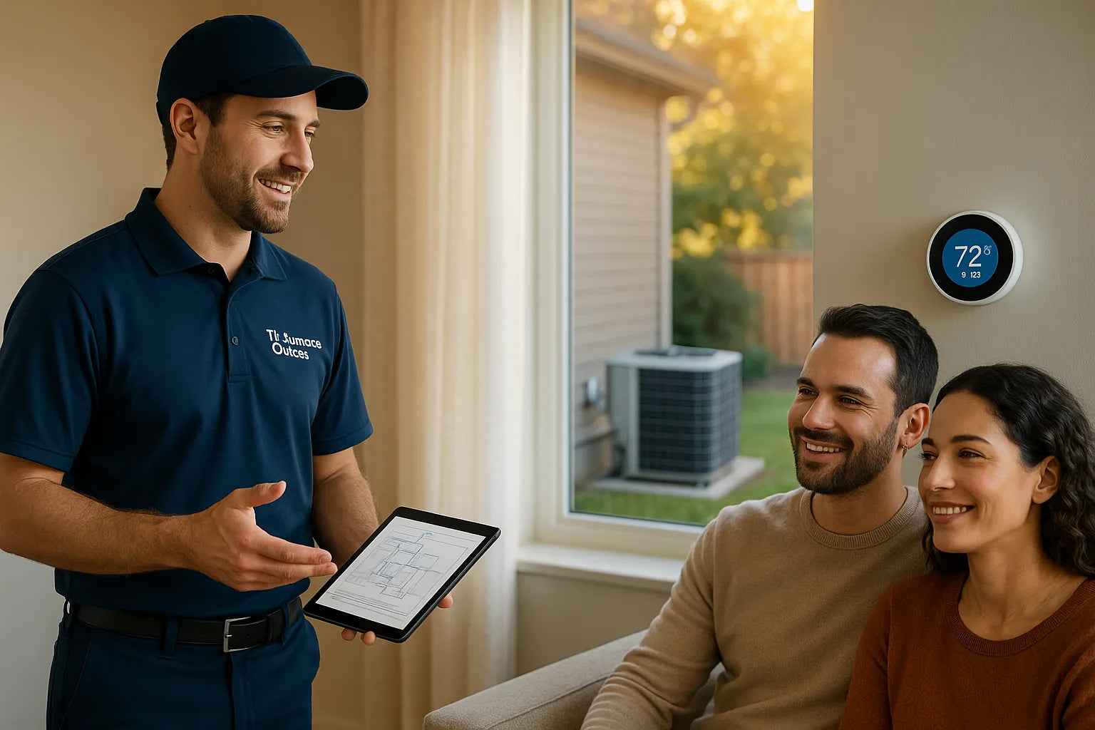 Friendly HVAC technician from The Furnace Outlet reviewing a home’s system with owners—trusted, energy-efficient heating and cooling made simple.