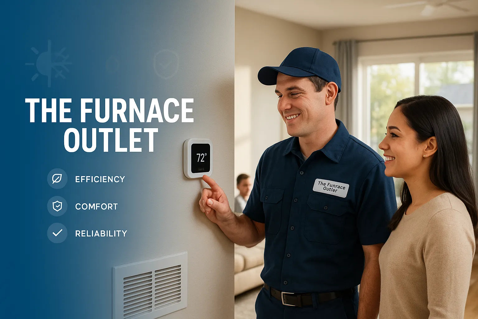 Friendly HVAC technician with homeowner in a modern U.S. living room, highlighting efficient, reliable heating and cooling by The Furnace Outlet.