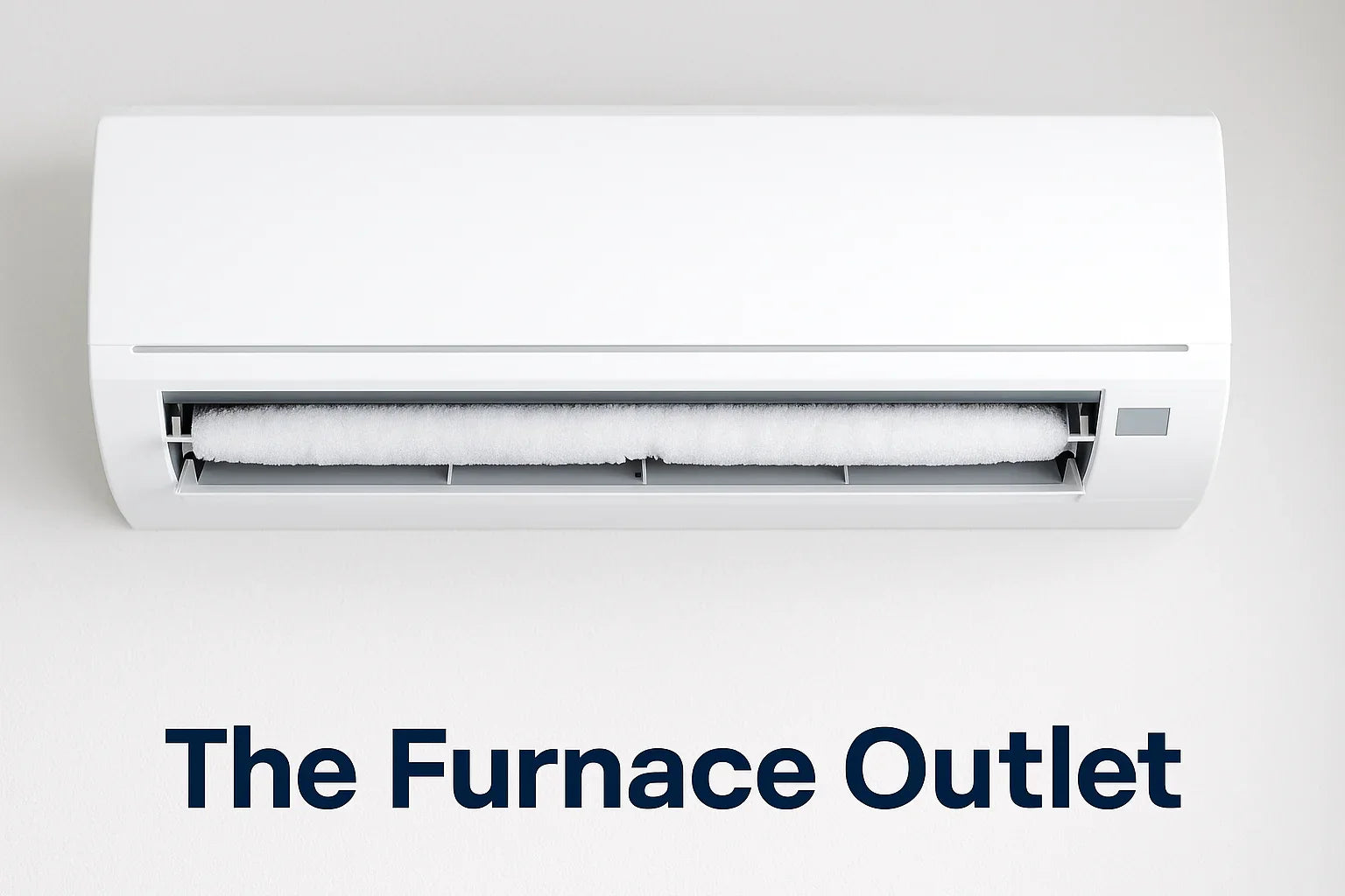 Frost buildup inside a white mini split indoor air conditioning unit on a wall.