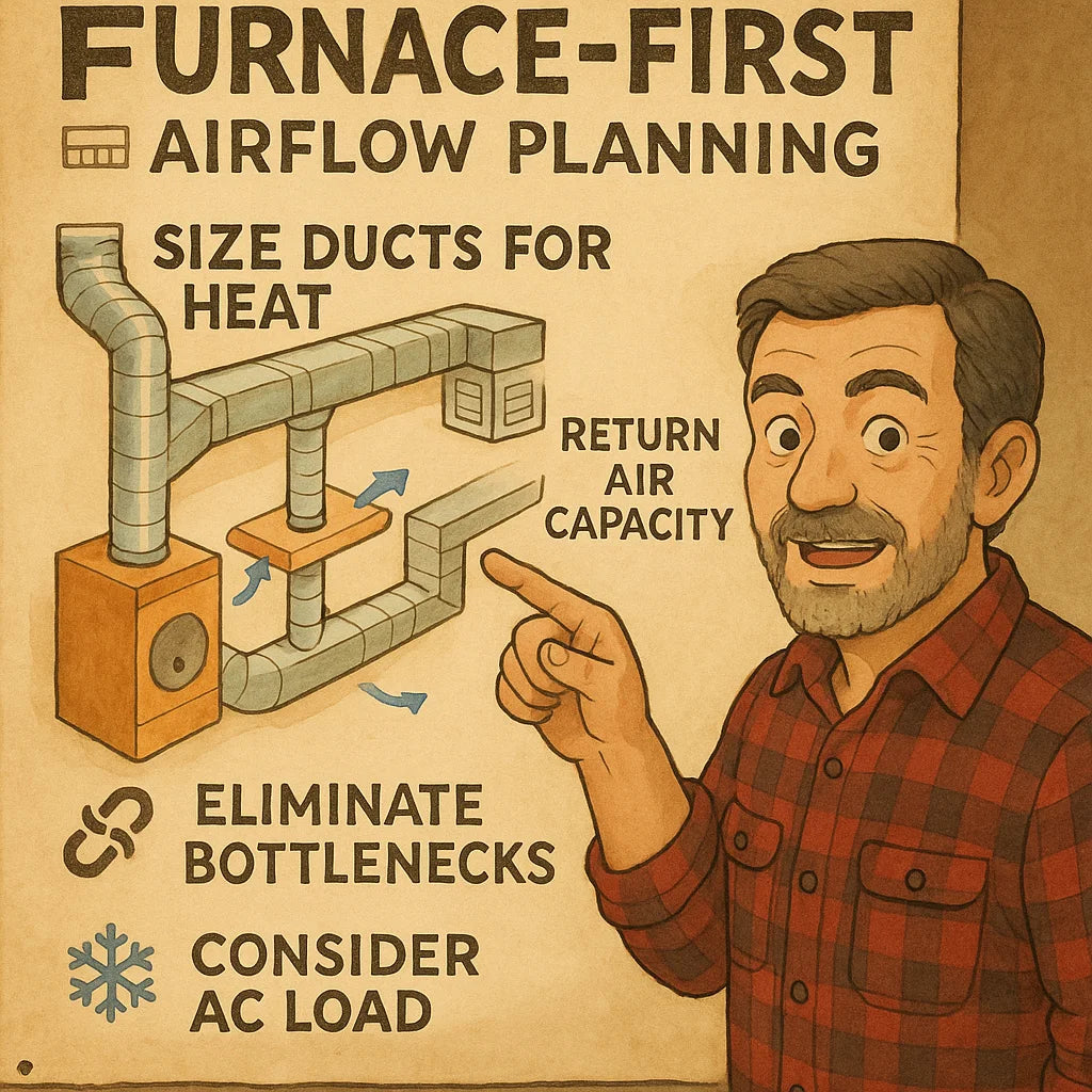 Furnace-First Airflow Planning: Why Mike Sizes Ducts Around the 120k BTU Heat Cycle, Not the AC Load