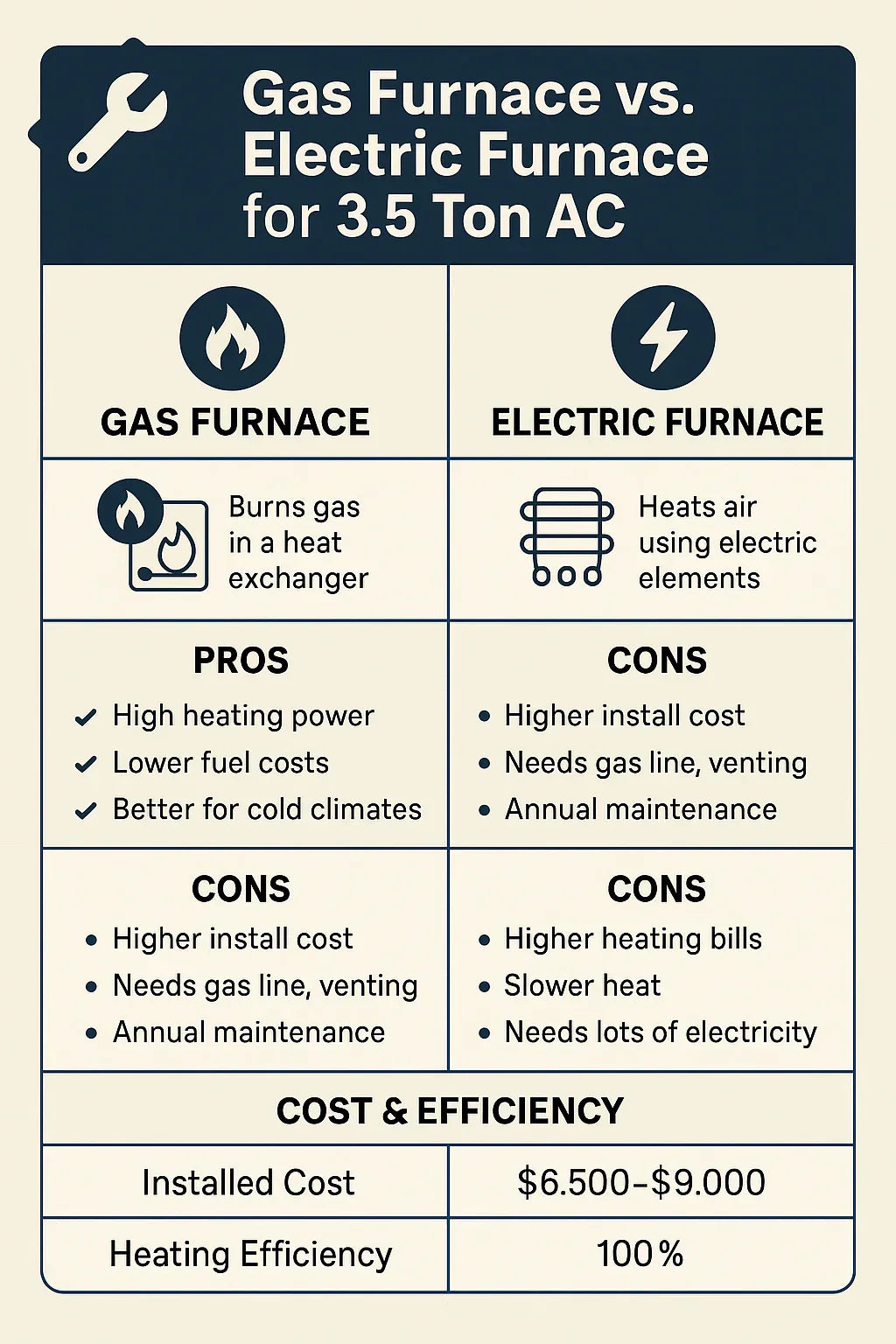 Gas Furnace vs. Electric Furnace Pairing for a 3.5 Ton AC Pros, Cons & Efficiency Ratings