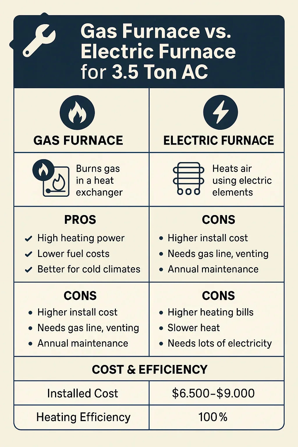 Gas Furnace vs. Electric Furnace Pairing for a 3.5 Ton AC: Pros, Cons & Efficiency Ratings