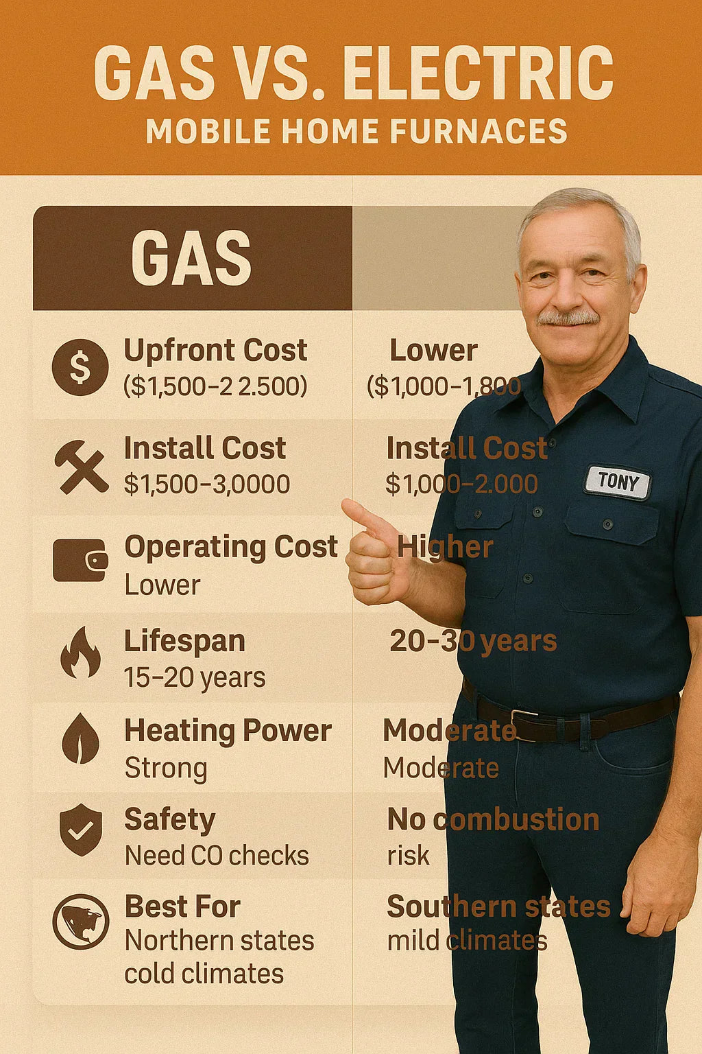 Gas vs. Electric Mobile Home Furnaces: Which Is Right for Tony’s Home?