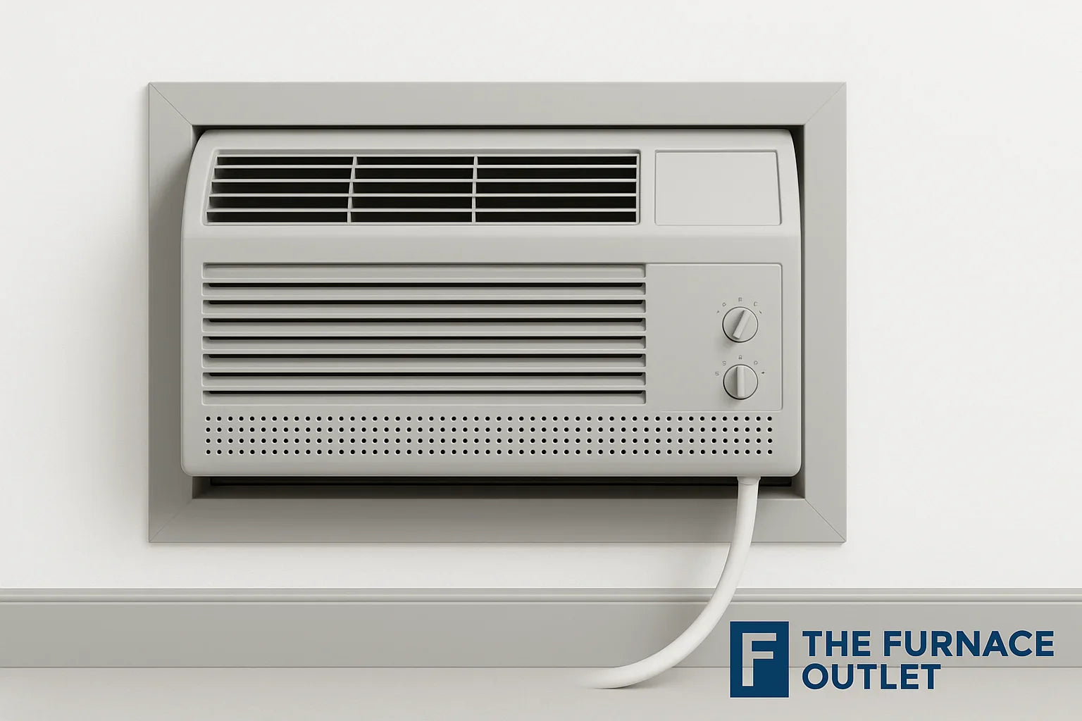Gray PTAC unit installed through a wall with drain pipe and The Furnace Outlet logo
