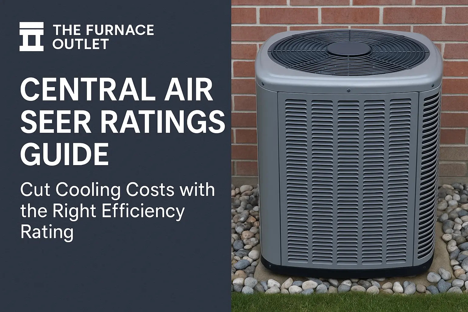 Gray central air conditioning unit beside a brick wall, paired with a dark-blue branded panel from The Furnace Outlet showcasing SEER efficiency benefits.