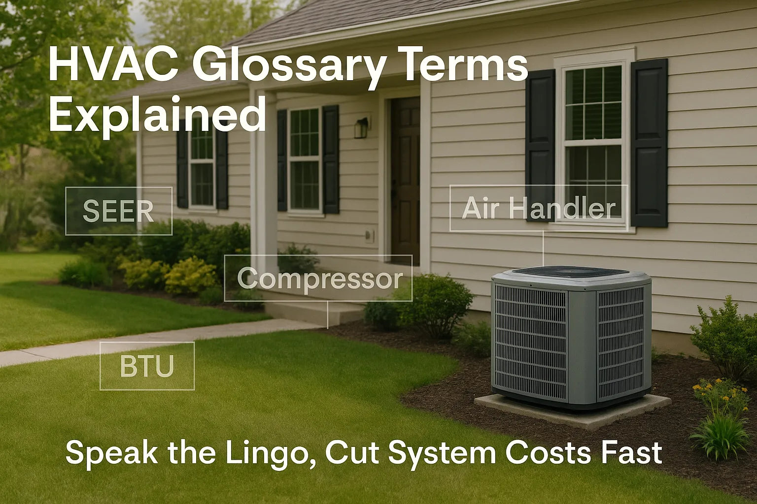 Residential home with labeled HVAC terms showing system components and energy-saving tips