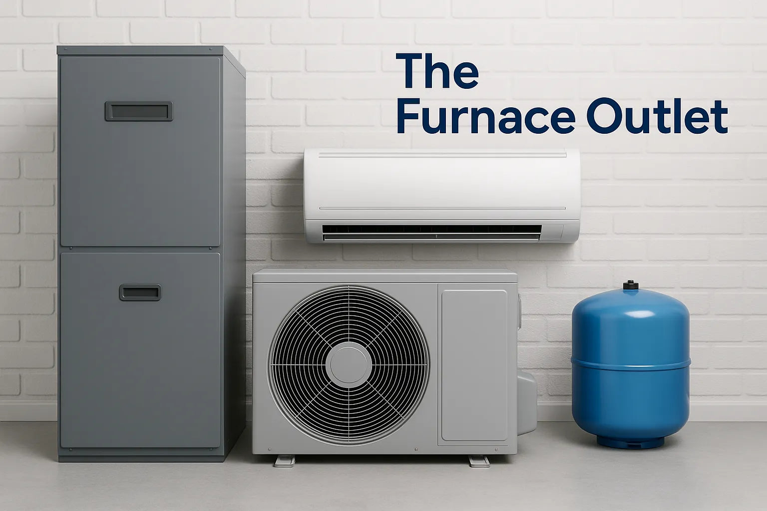 HVAC equipment including a furnace, mini split, heat pump, and expansion tank against a white brick wall.