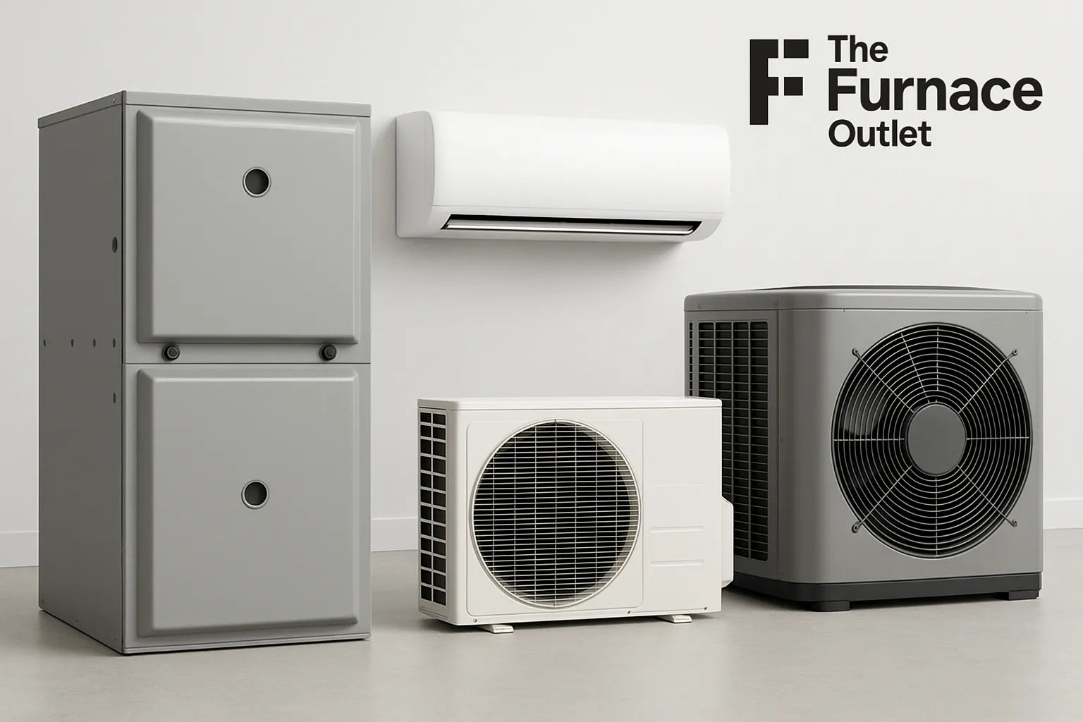 HVAC furnace, mini split, and outdoor air conditioner side by side in a clean showroom with The Furnace Outlet logo.