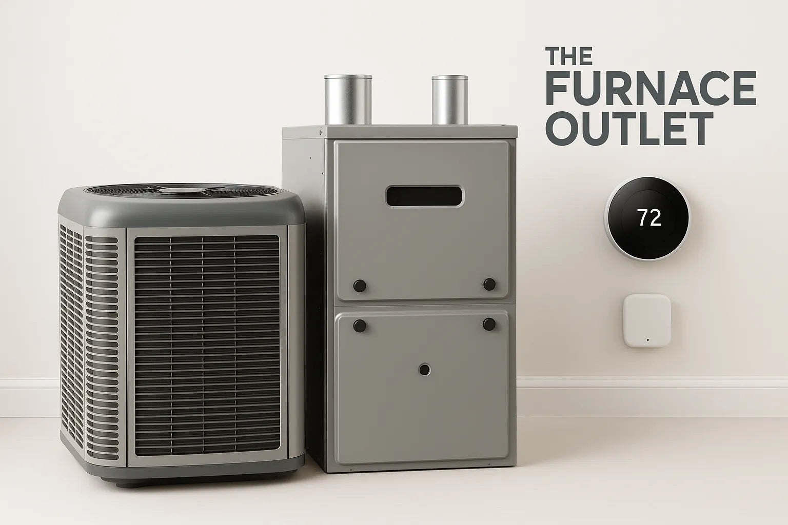 HVAC system with furnace, heat pump, smart thermostat, and sensor in a clean room with The Furnace Outlet logo.