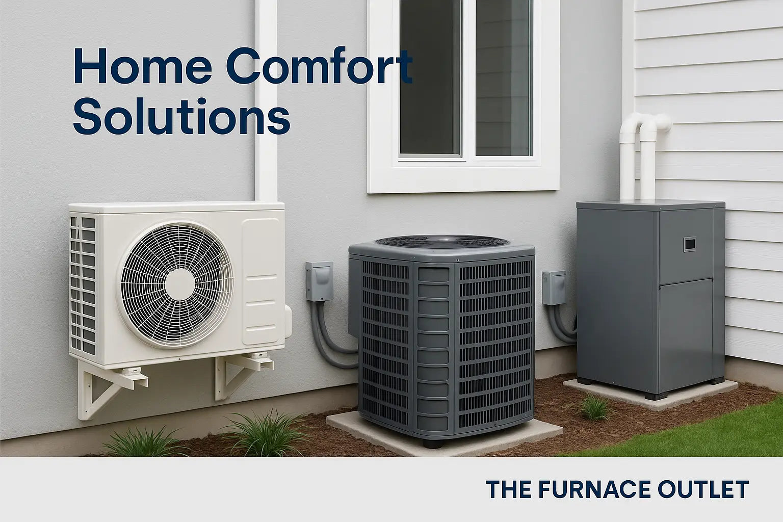 HVAC systems including a mini-split, central air unit, and furnace outside a modern home.