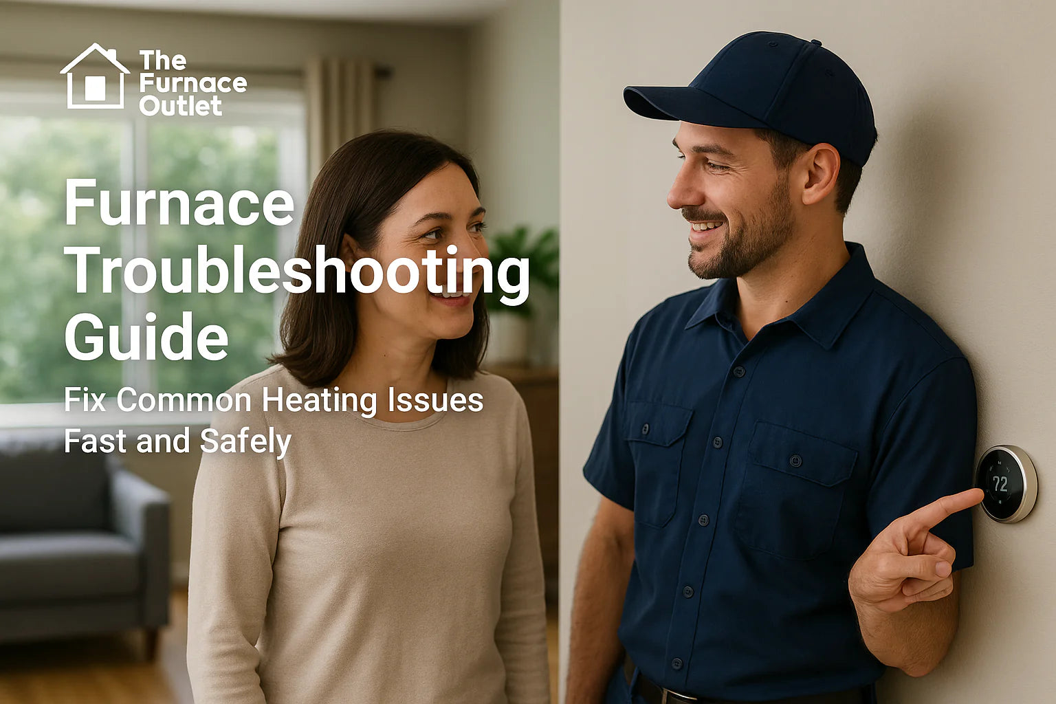 HVAC technician and homeowner discuss smart thermostat in well-lit modern living room.
