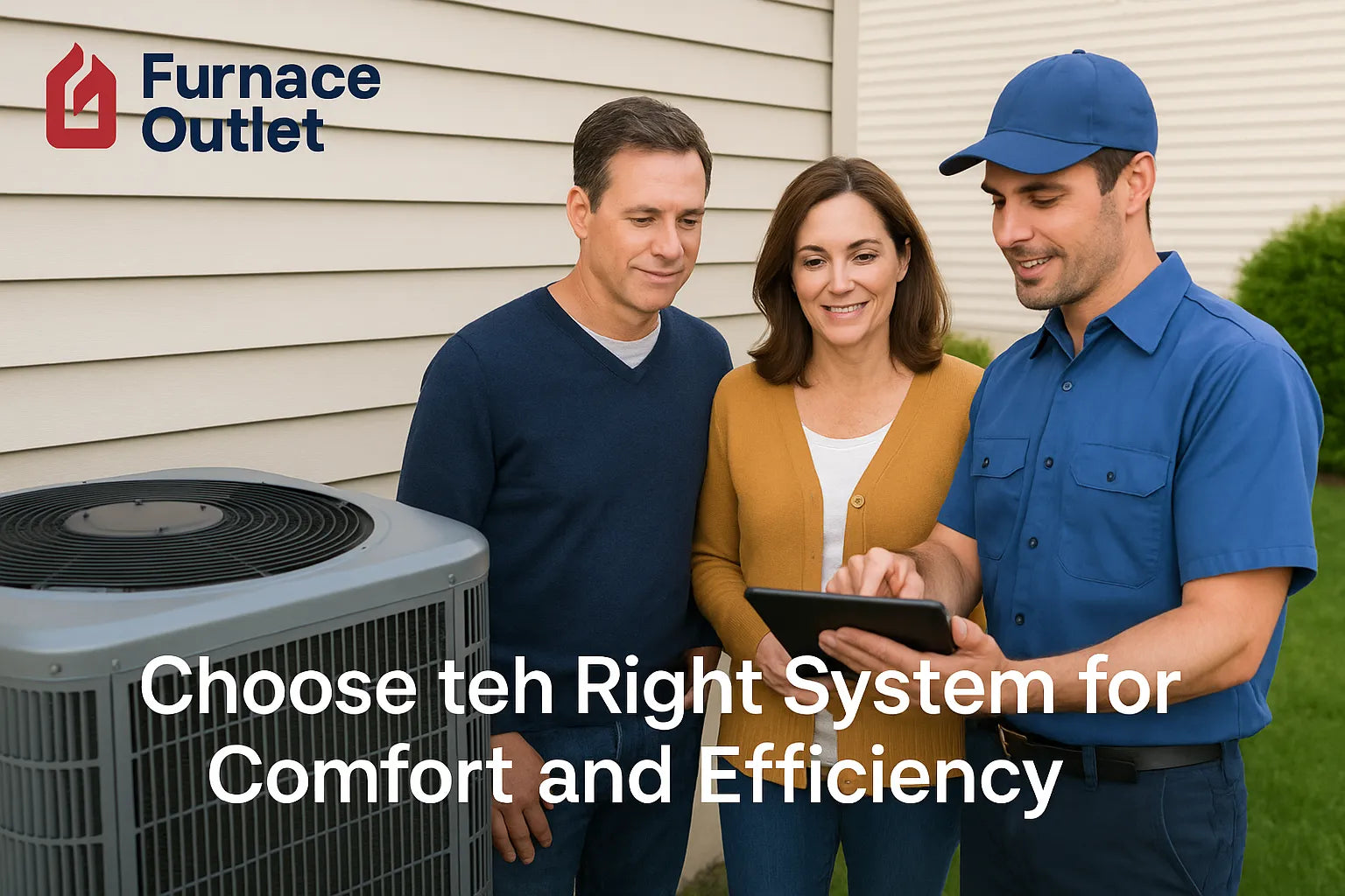 HVAC technician consulting with homeowners beside outdoor AC unit in a backyard setting.