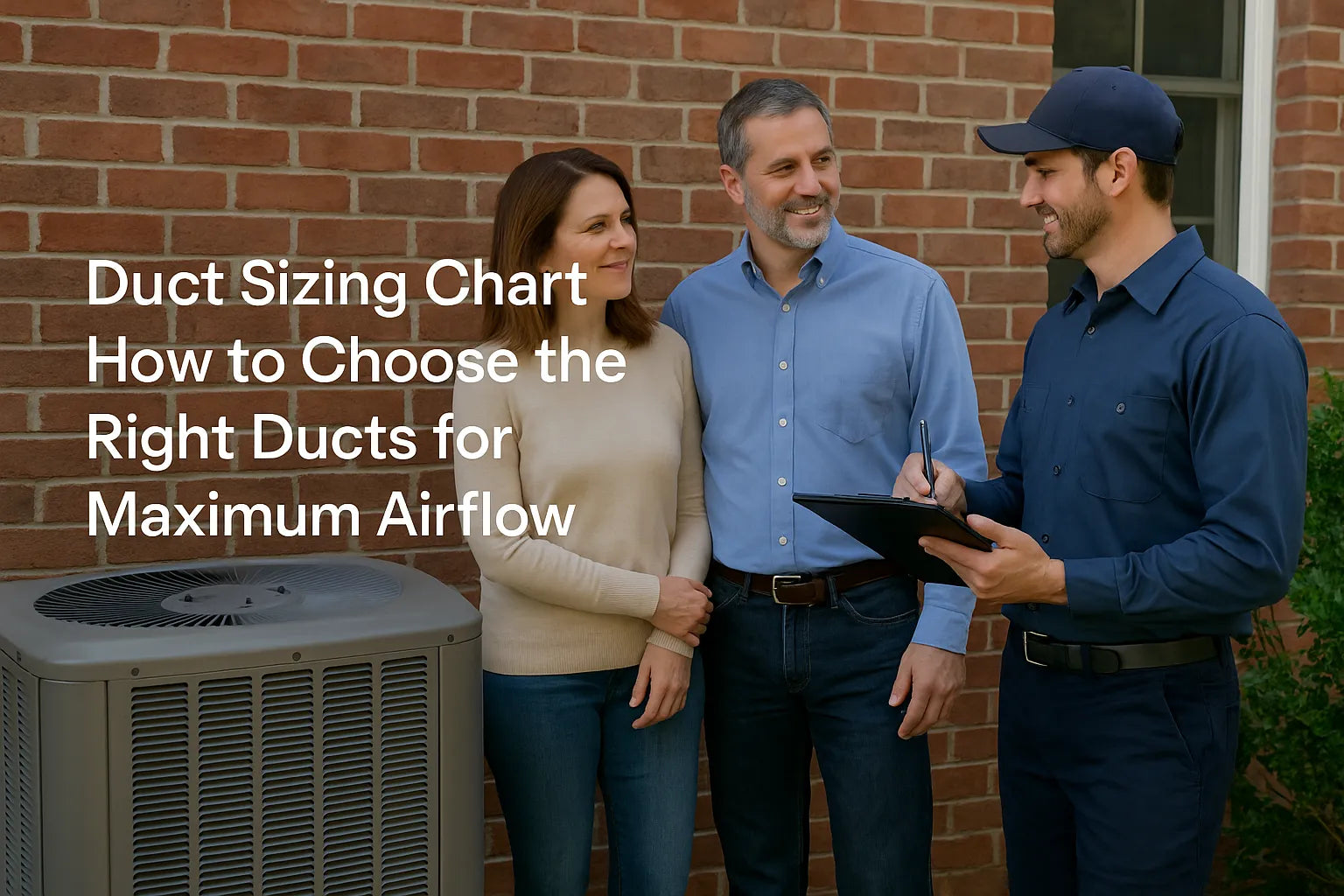 HVAC technician discusses duct sizing options with homeowners next to an outdoor AC unit on a sunny day.