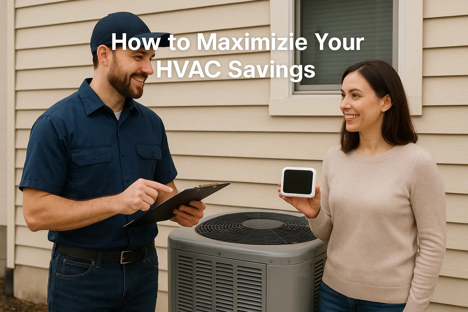 HVAC technician discussing upgrades with a homeowner holding a smart thermostat outside her home.