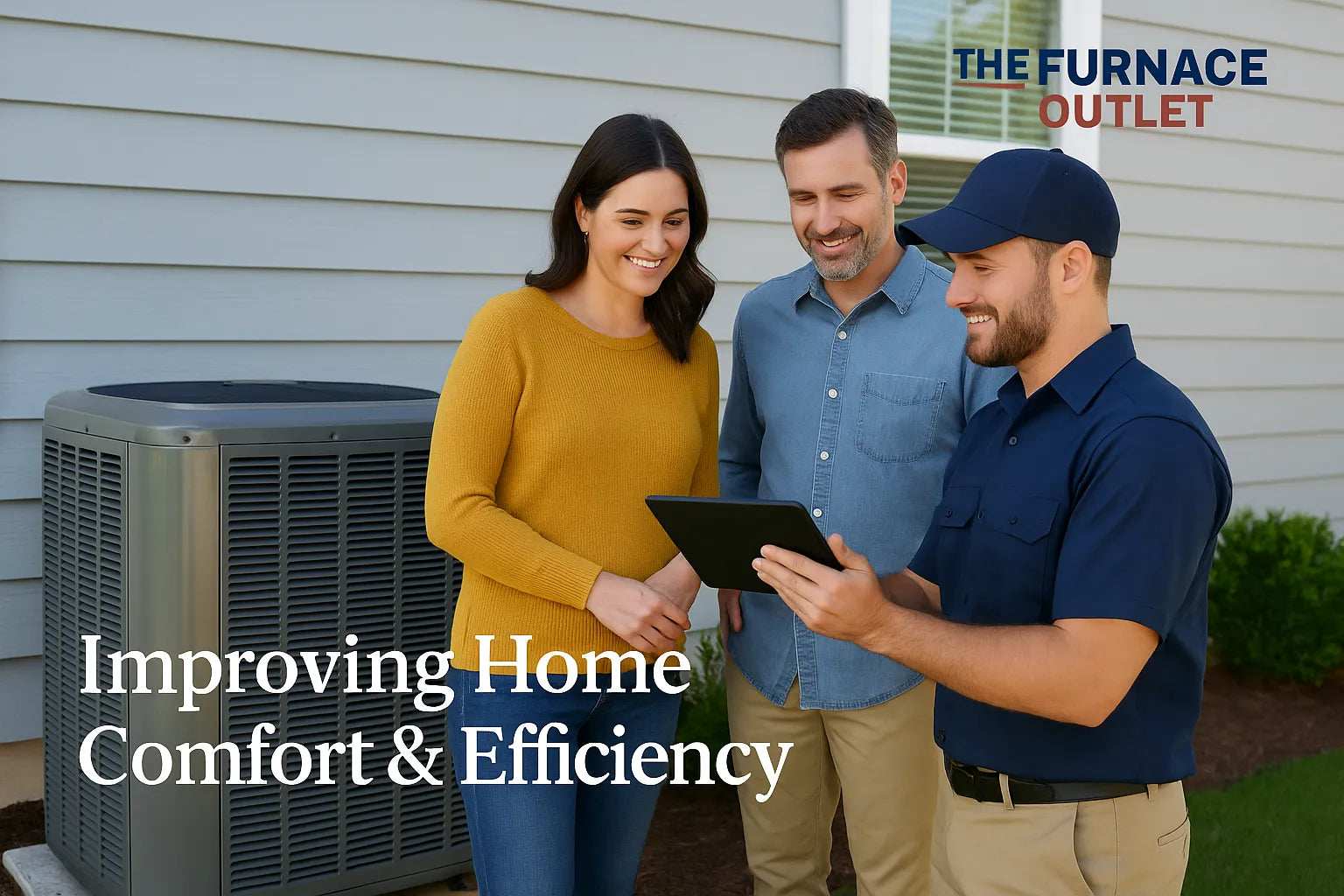 HVAC technician explains AC system upgrades to homeowners outside a modern U.S. house in daylight.