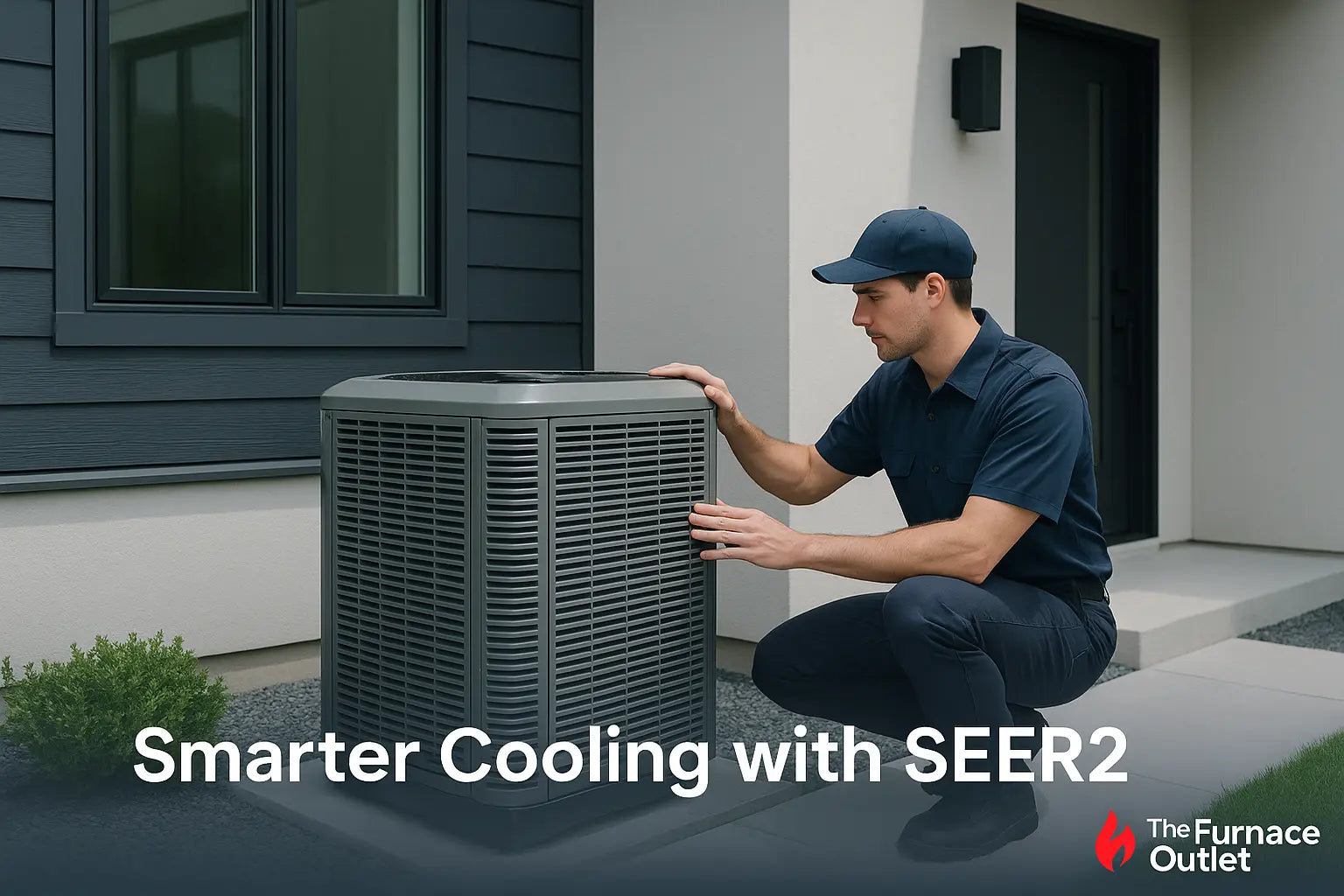 HVAC technician inspects a modern central air conditioning unit outside an energy-efficient home, representing SEER2 efficiency improvements.