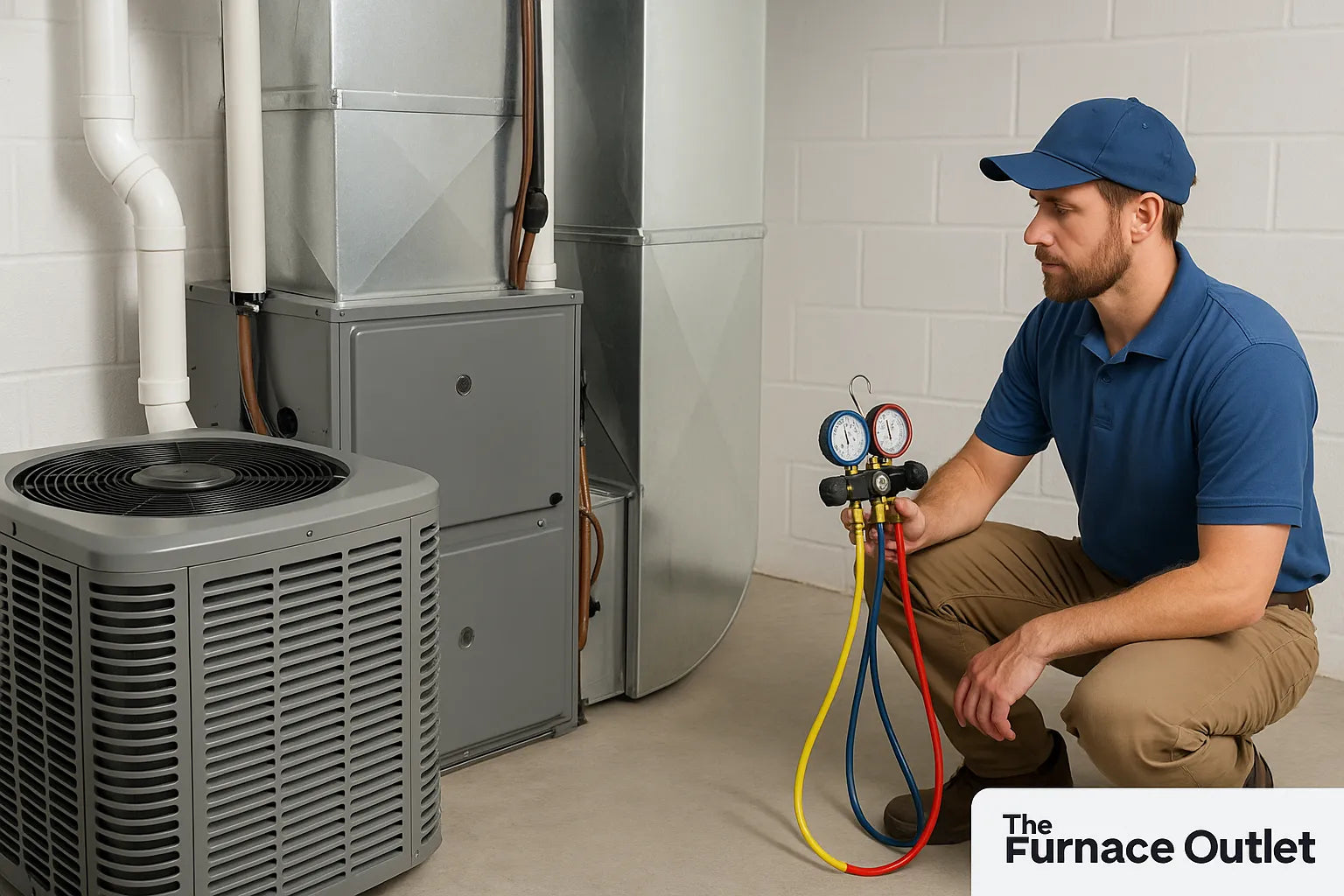 HVAC technician installing a central air conditioning system with tools in a clean utility room.