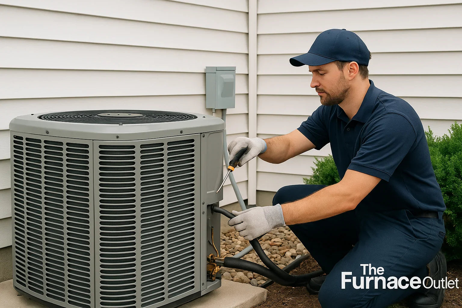 HVAC technician installing a central air conditioning unit outside a home.