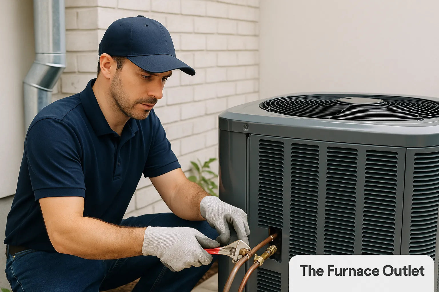 HVAC technician installing central air conditioner outside a home.