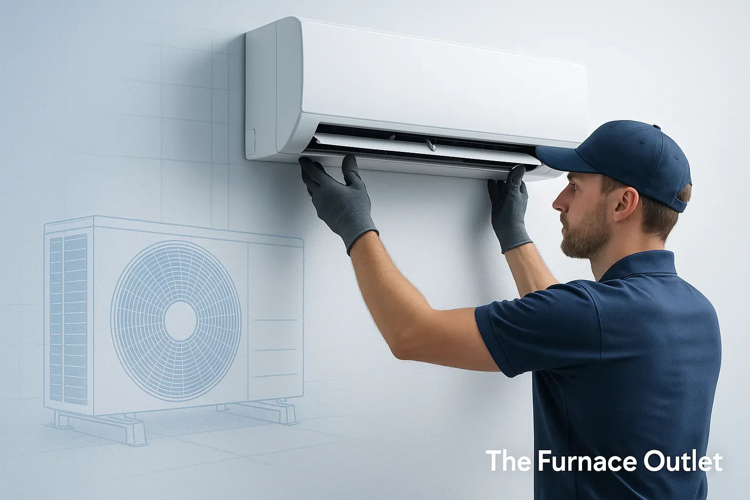 HVAC technician mounting a ductless mini‑split indoor unit on a pristine wall, with a faint condenser blueprint in the background and “The Furnace Outlet” logo in the corner