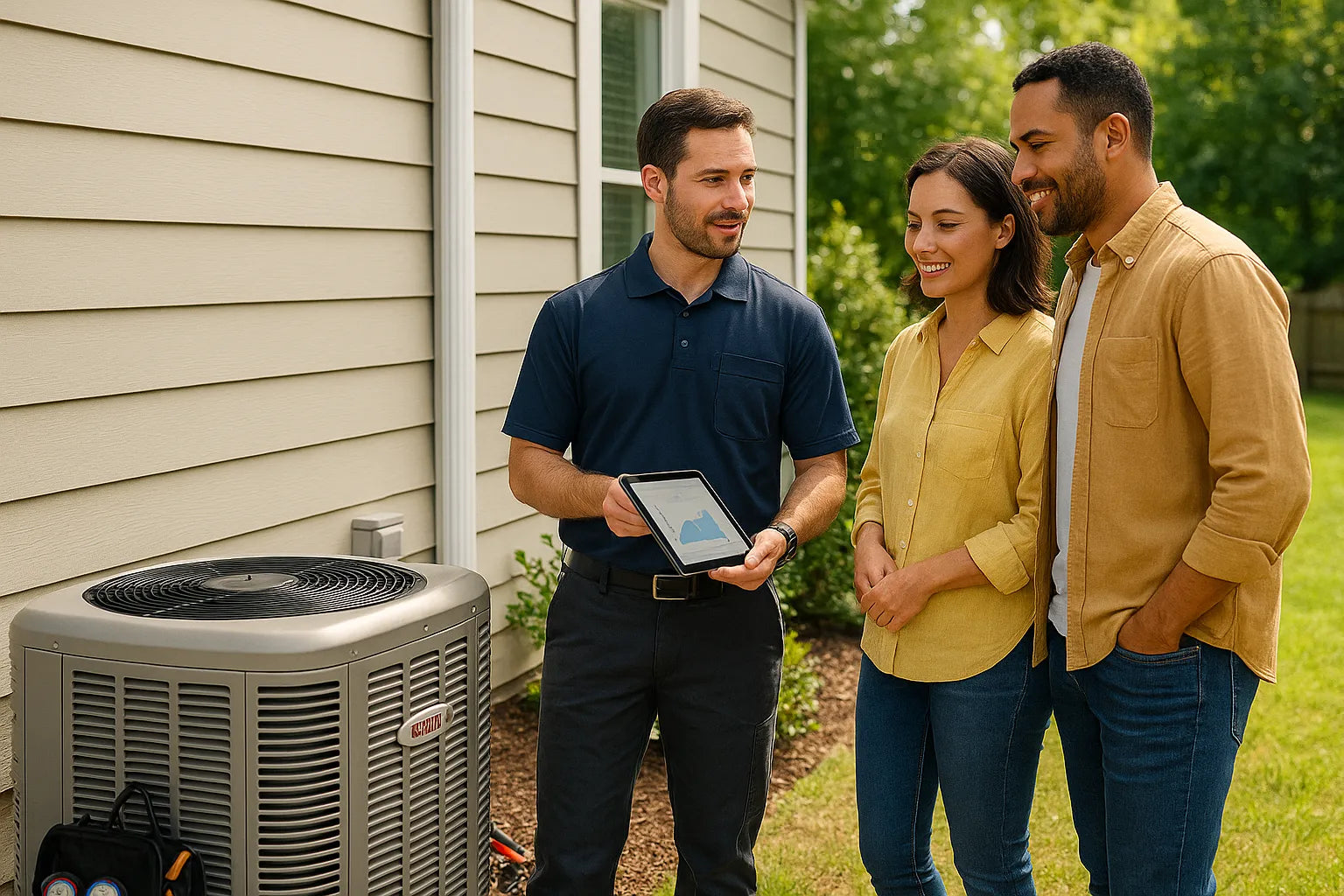 HVAC technician reviews SEER2 upgrade options with homeowners beside a backyard AC condenser in bright natural light (1200×800).