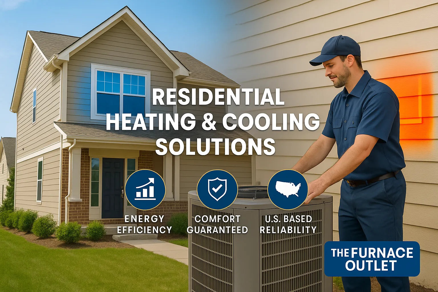HVAC technician servicing outdoor unit of a modern suburban home, representing reliable heating and cooling by The Furnace Outlet.