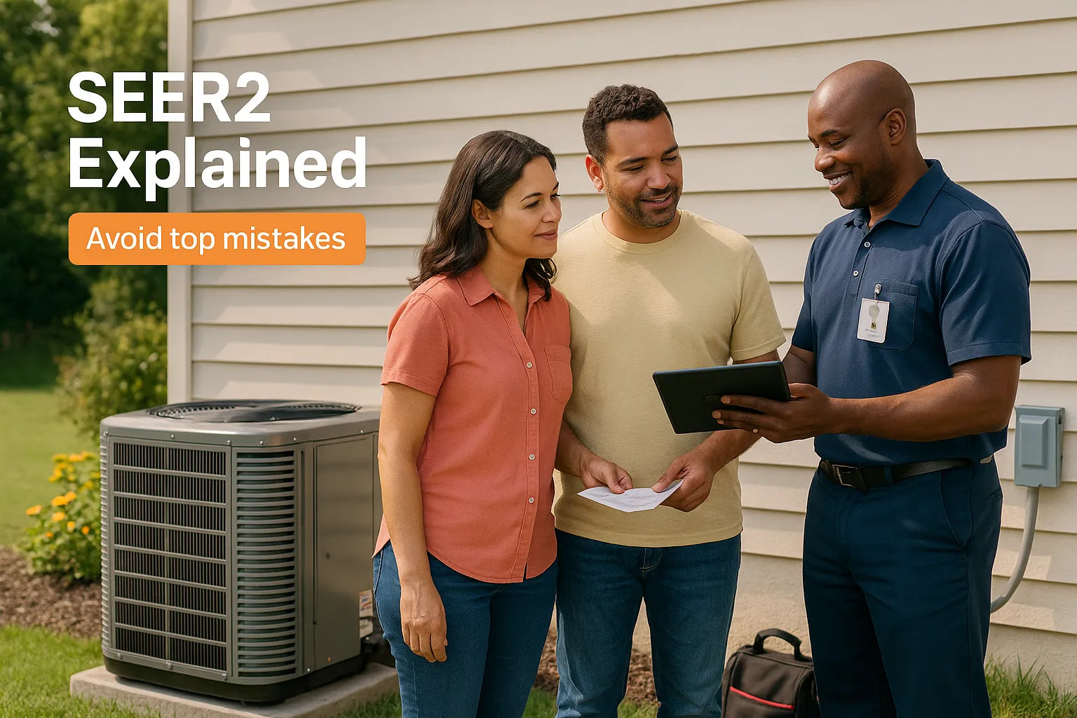 HVAC technician showing homeowners energy tips on a tablet beside an outdoor AC condenser at a suburban home in bright daylight.