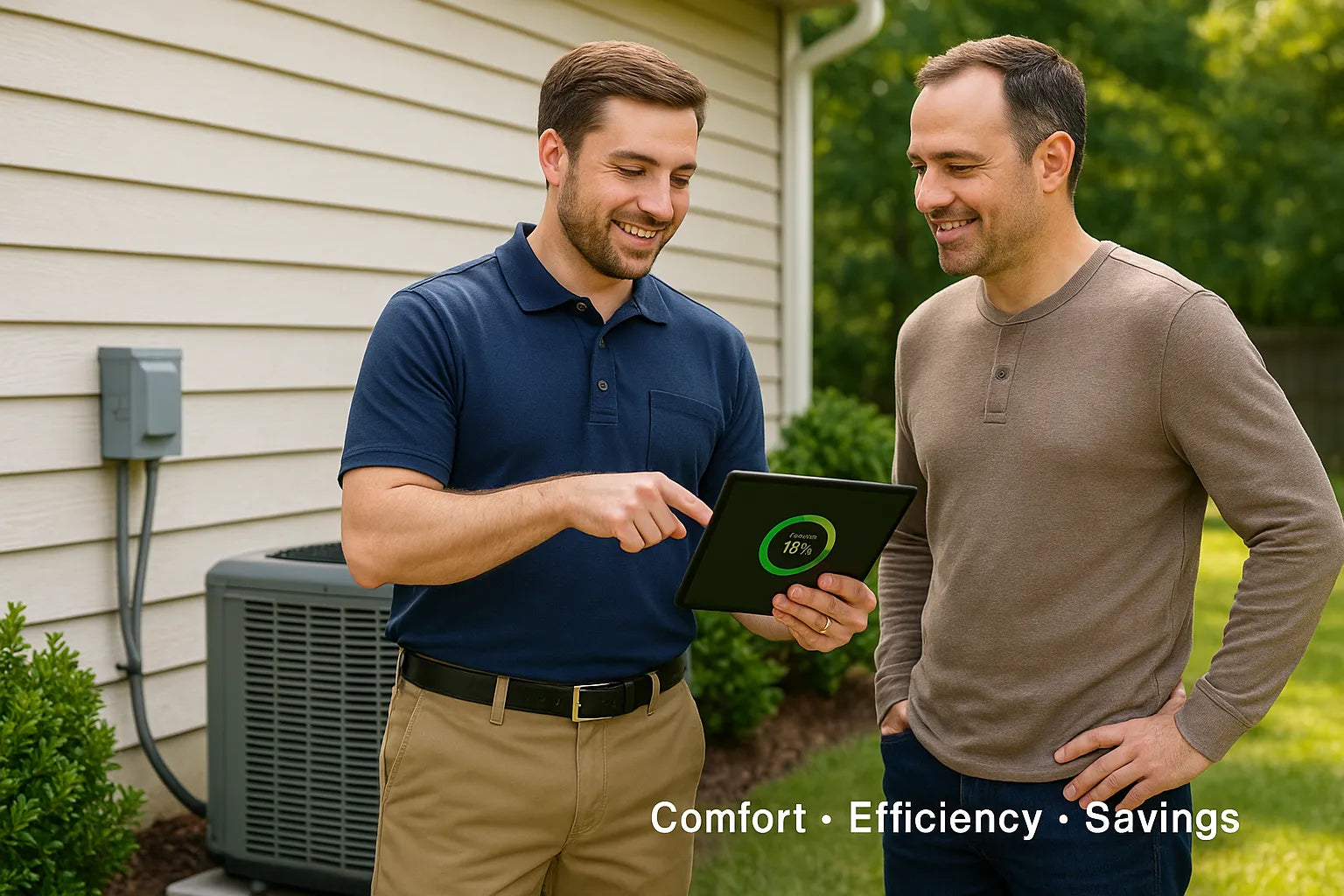 HVAC technician shows a homeowner energy-saving options on a tablet next to a central AC condenser in a bright suburban backyard—clean, trustworthy scene for The Furnace Outlet.
