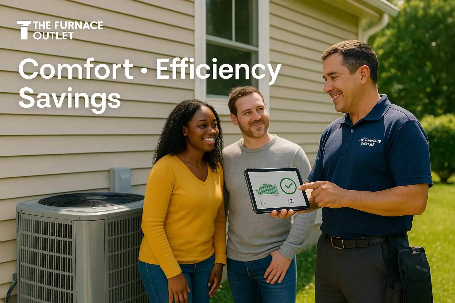 HVAC technician shows a tablet with energy-savings to smiling homeowners beside a backyard AC unit on a sunny day, for The Furnace Outlet.