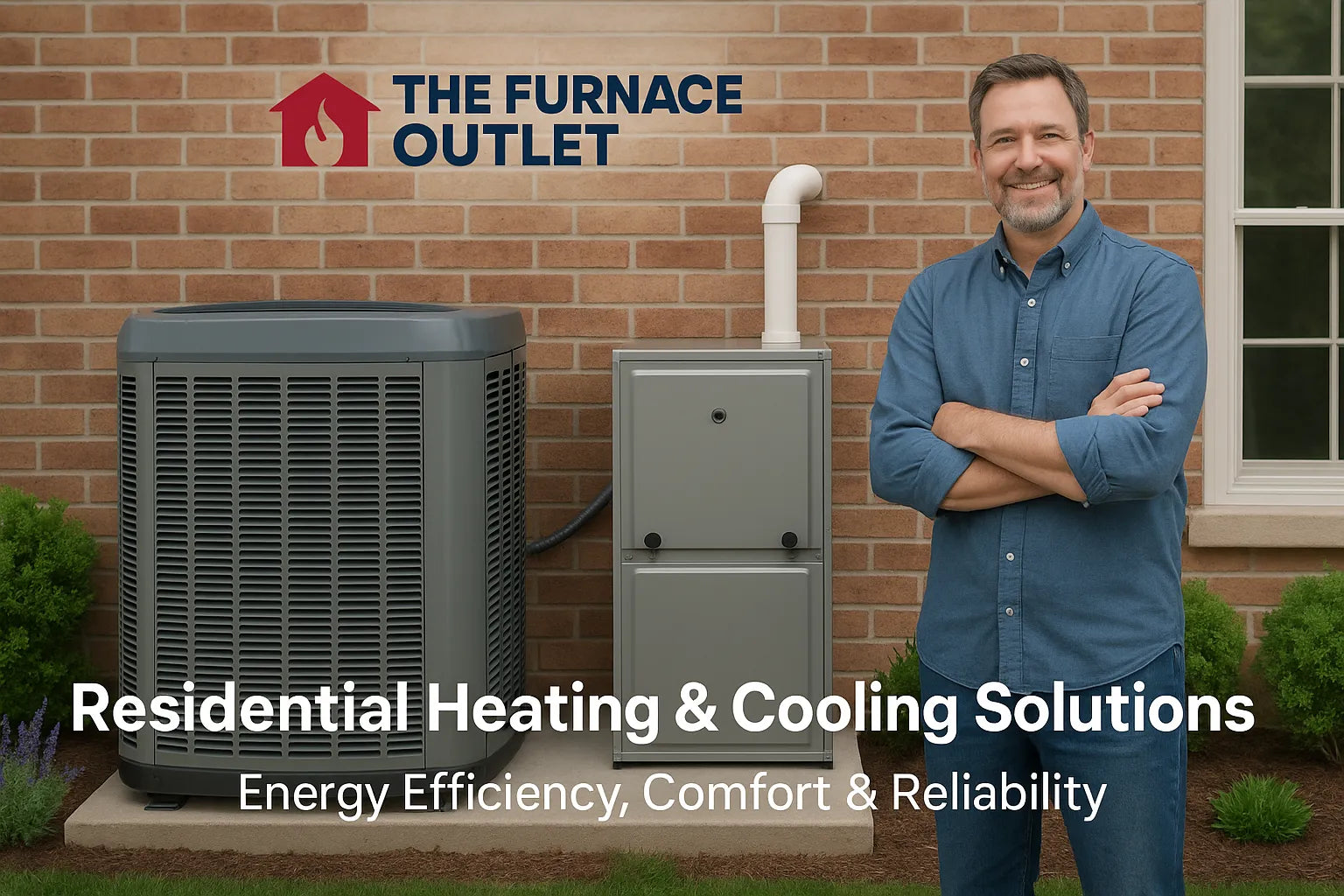 HVAC technician stands beside outdoor furnace and AC unit outside a suburban home, representing energy-efficient residential heating and cooling solutions.