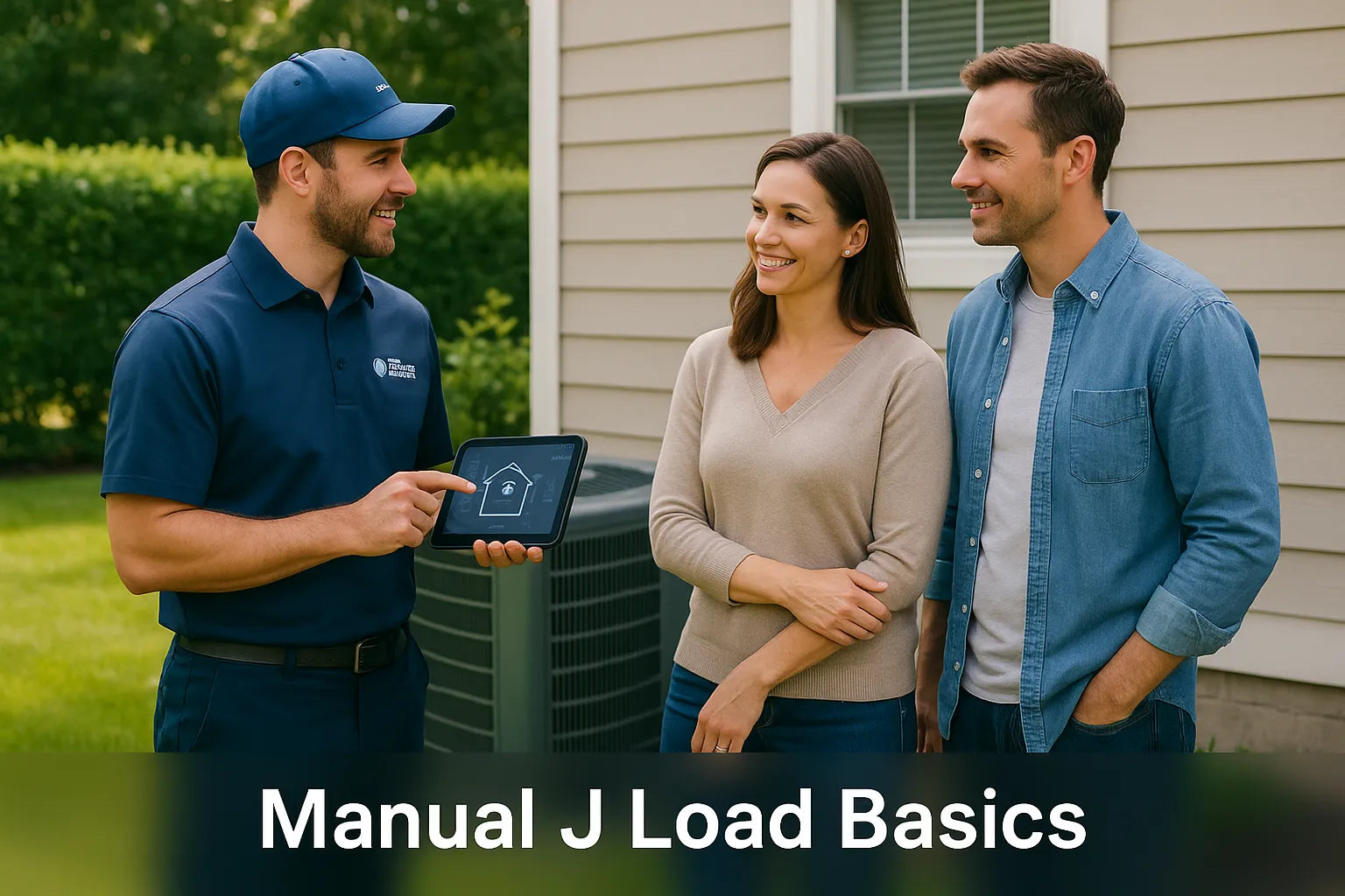 HVAC technician using a tablet to explain energy-efficient AC options to homeowners beside their outdoor unit in a sunny suburban backyard.