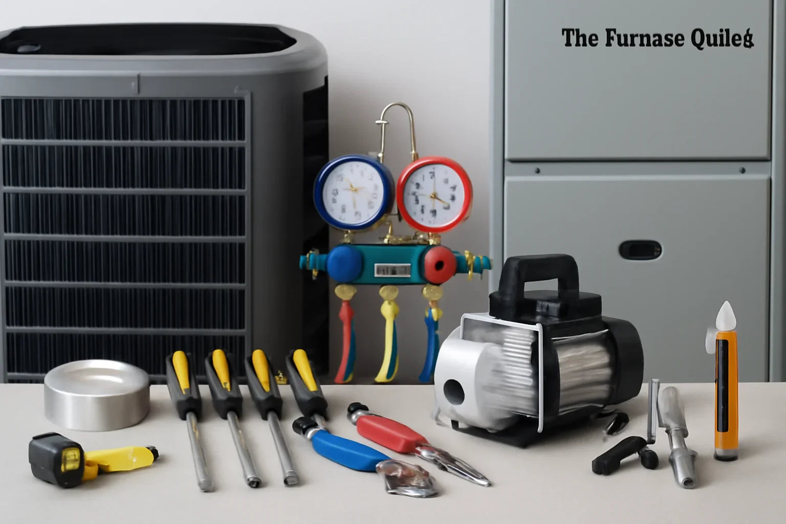 HVAC tools and equipment arranged on a work surface, with a central air unit and furnace in the background.