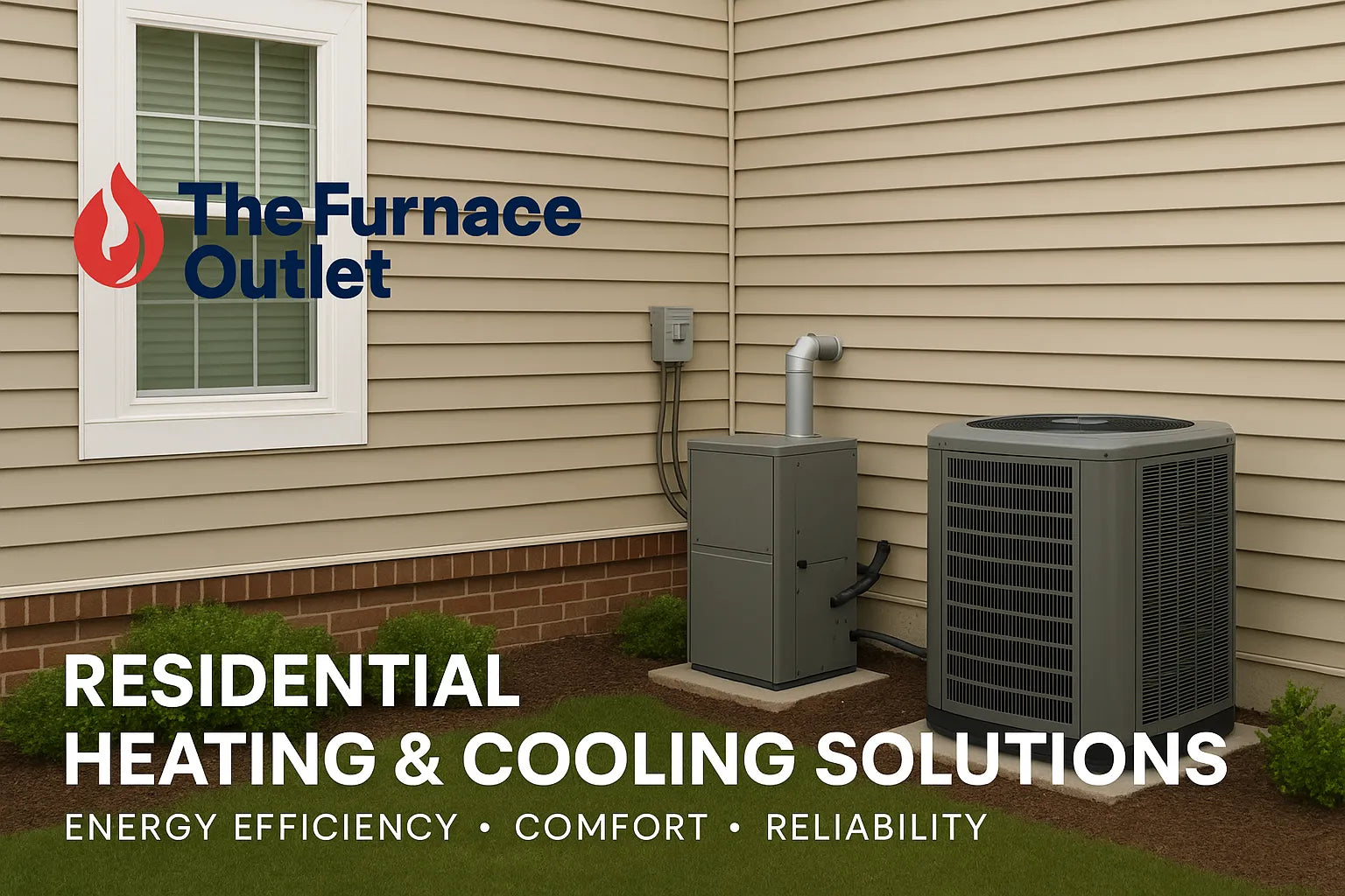 HVAC units outside a suburban home with The Furnace Outlet branding and slogan for residential heating and cooling solutions.