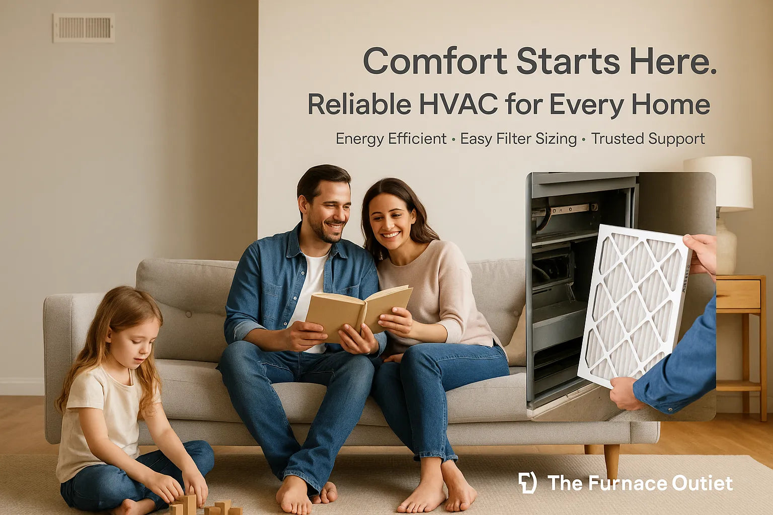 Happy family enjoying clean air in their home with a visible furnace filter and HVAC vent.