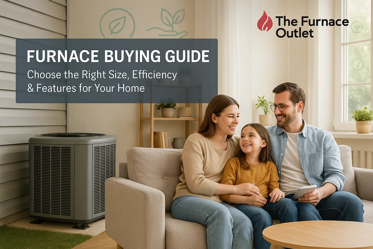 Happy family in a cozy living room of a modern home, with energy-efficient HVAC system visible outside.”