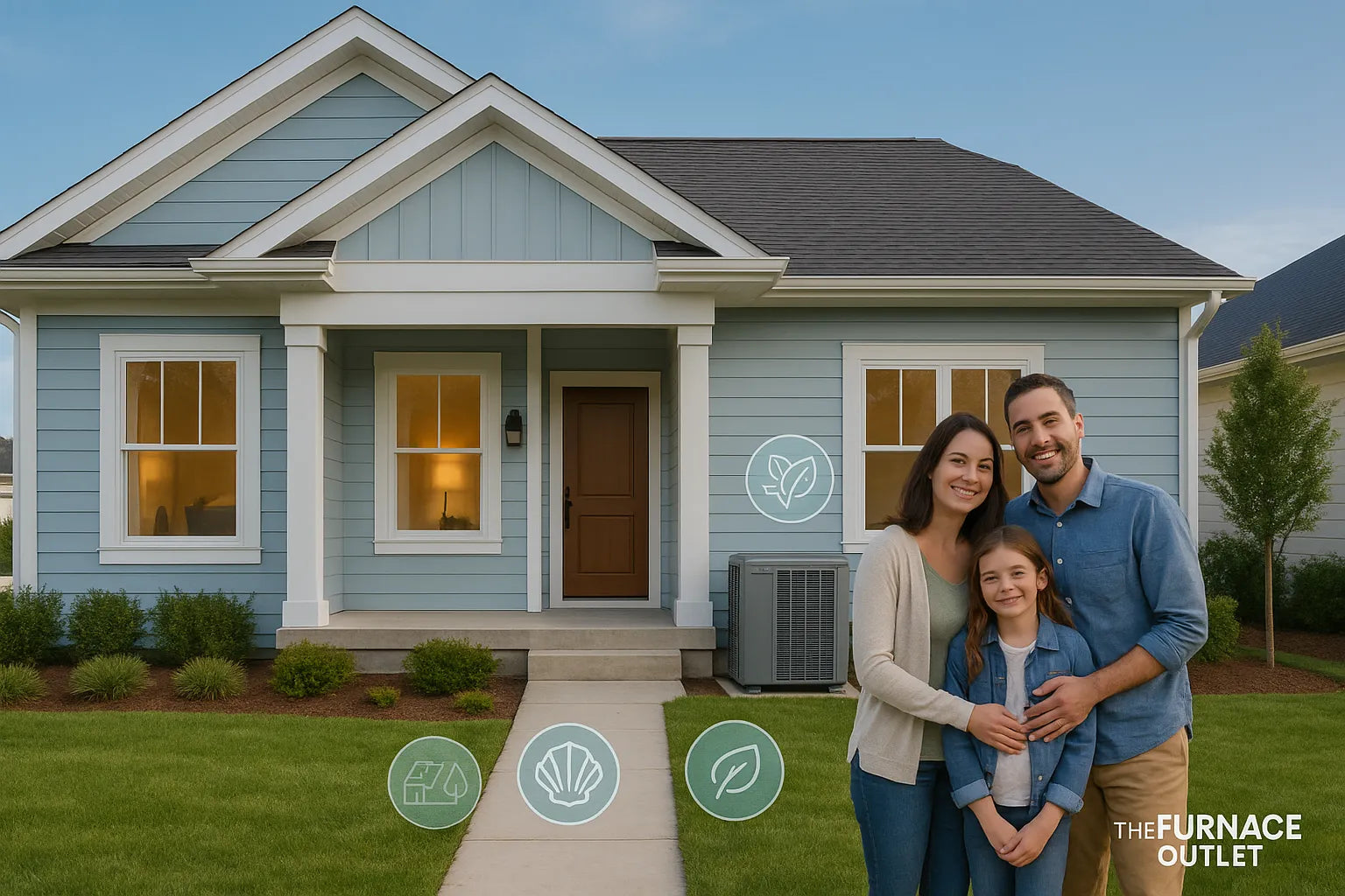Happy family outside a coastal‑style home with an energy‑efficient heat‑pump unit, illustrating The Furnace Outlet’s reliable residential HVAC solutions.